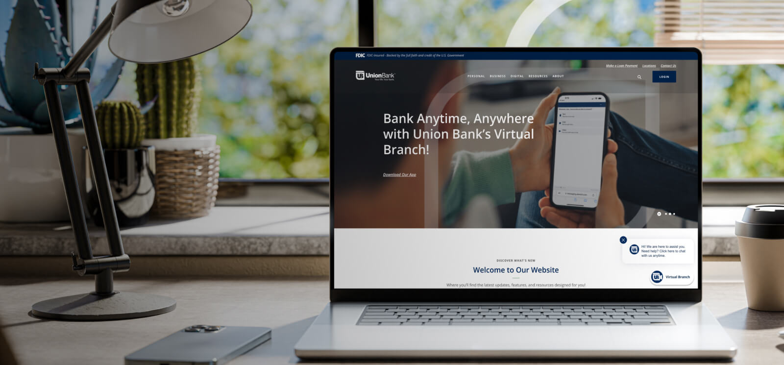 Computer with Union Bank website on screen